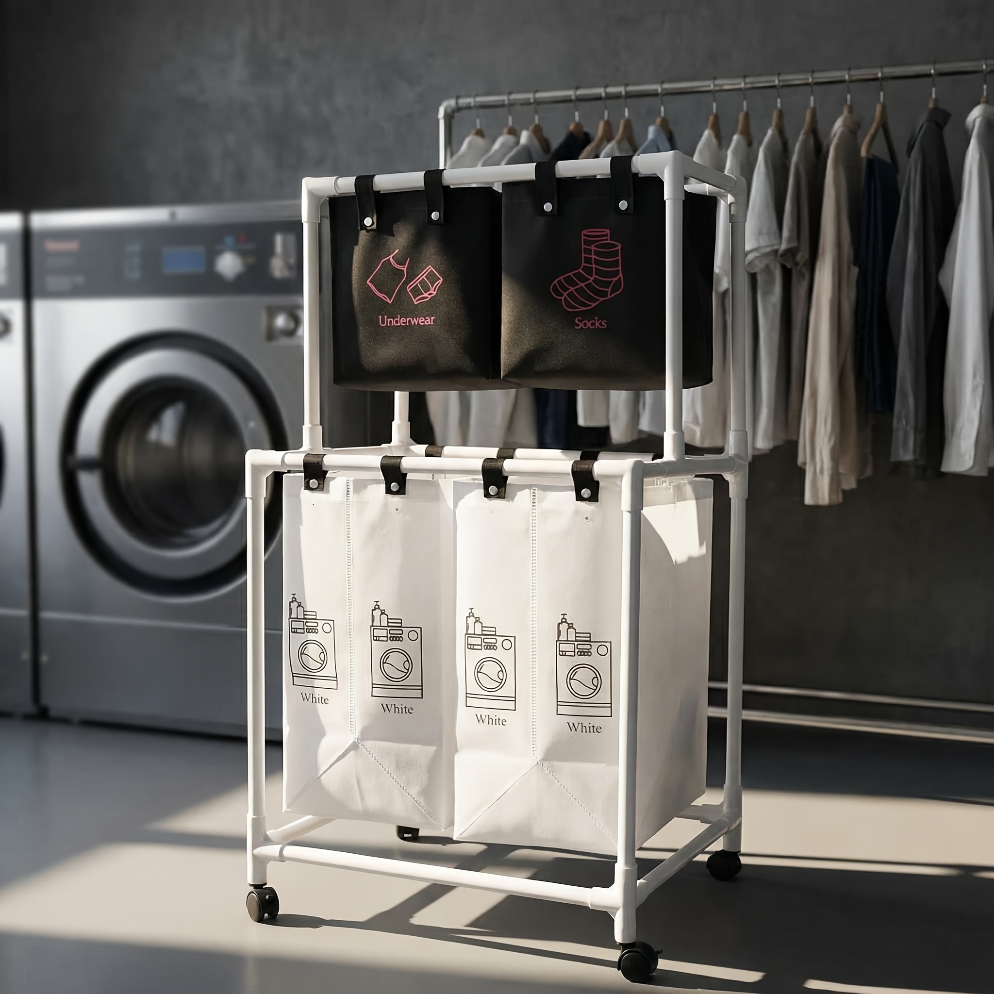 TEMU Panier à linge avec trieur, double couche, équipé de 2 sacs suspendus et 2 seaux, avec roulettes, noir/blanc, panier à linge, paniers à linge