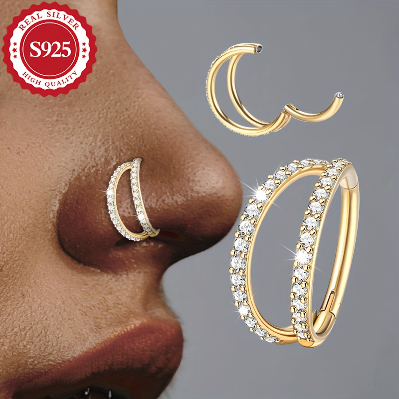Image of 1pc, Women'-layer Inlaid Shiny Synthetic Zirconia Nose Ring Ear Clip, Fashionable Matching, Hip-hop, Hypoallergenic, 1.81g