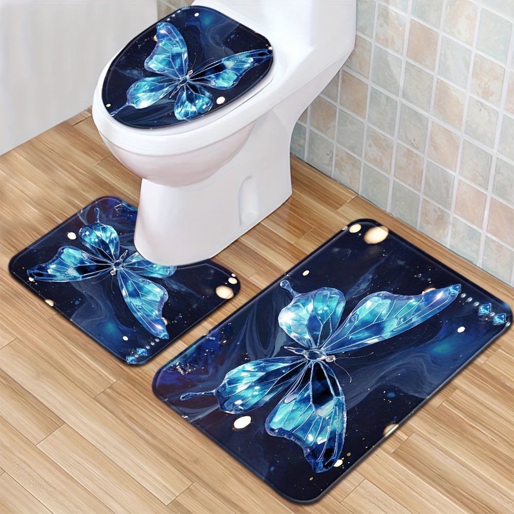 

1/3pcs Crystal Butterfly Floor Mat Set Toilet Cover Toilet Carpet Bathroom Absorbent Door Mat Bathroom Three-piece Set Non-slip Mat Decoration