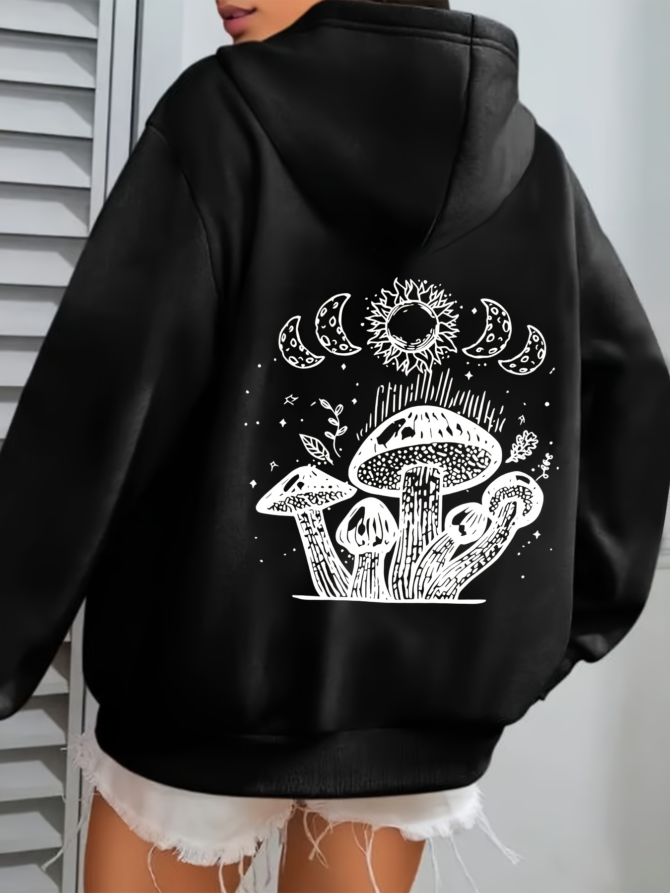 womens casual mushroom print hoodie with kangaroo pocket long sleeve drawstring pullover for fall winter