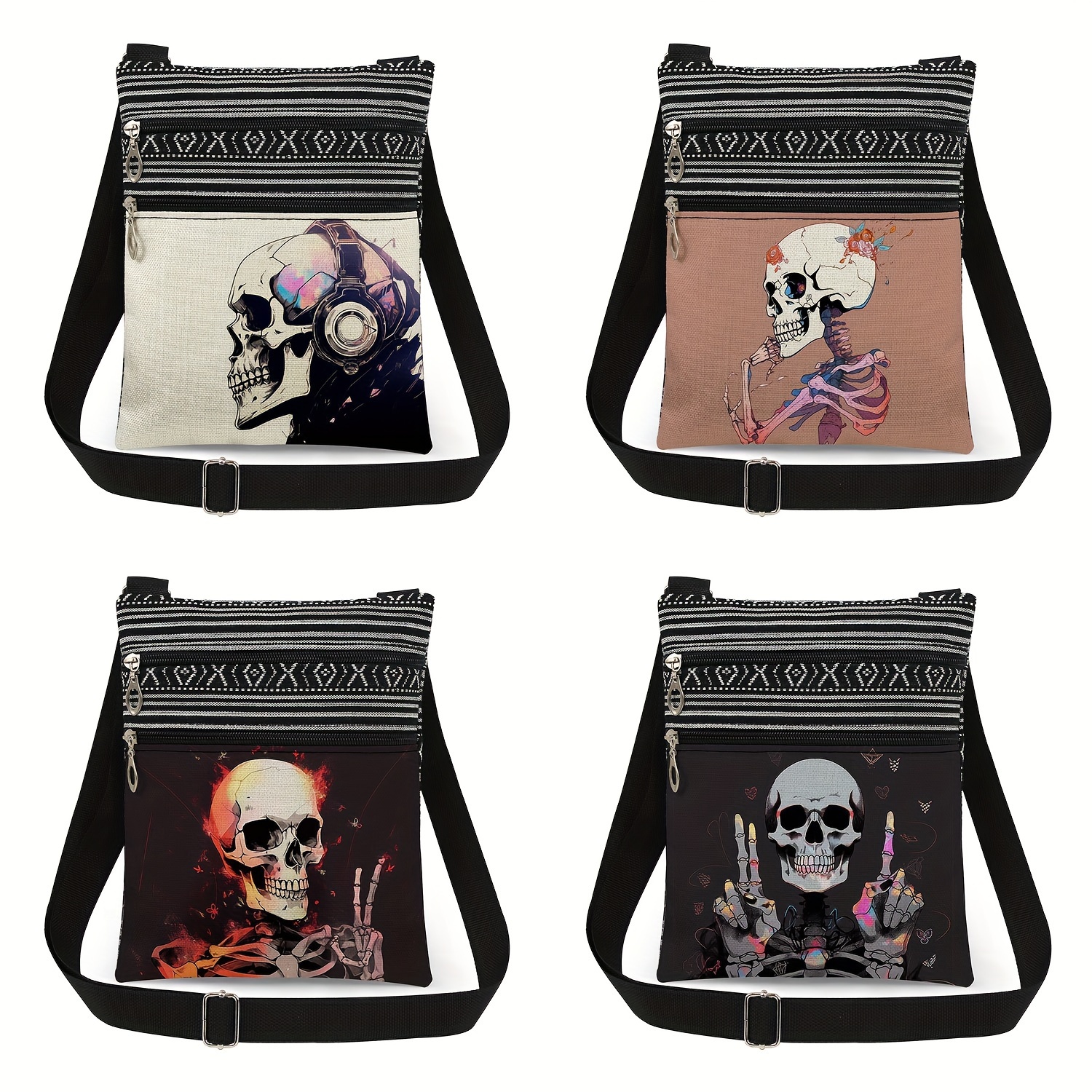 

[] Stylish Skull Print Women's Crossbody Bag With Black & White Striped Strap - Lightweight, Polyester, Non-waterproof Shoulder Bag In Vibrant Colors - Ideal Gift For , Travel, Small Crossbody Bag
