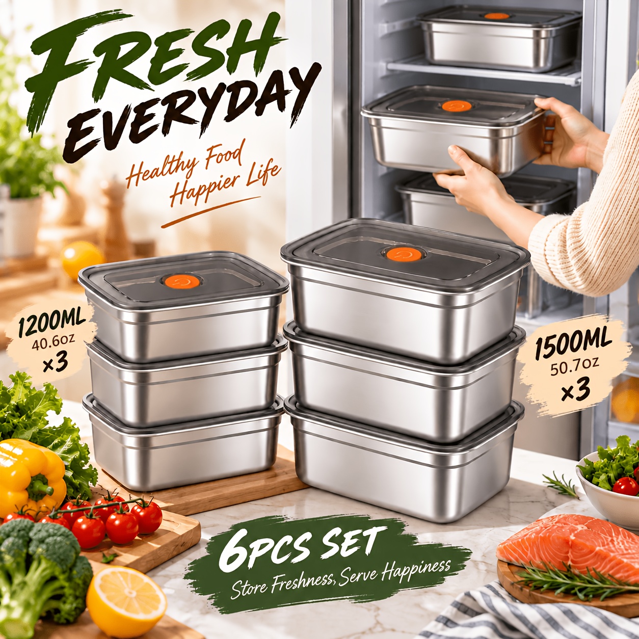 TEMU 6pcs (1200ml*3 + 1500ml*3), Stainless Steel Food Storage Container Set With Lids, Rectangular Meal Prep Boxes, Stackable Nesting Design, Sealed