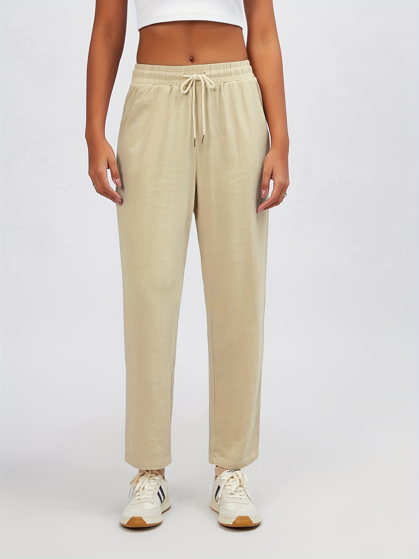 Pantalones Capri Mujer Bolsillos Cintura elástica sólidos Pierna ancha  Algodón Lino Pantalones sueltos Pantalón