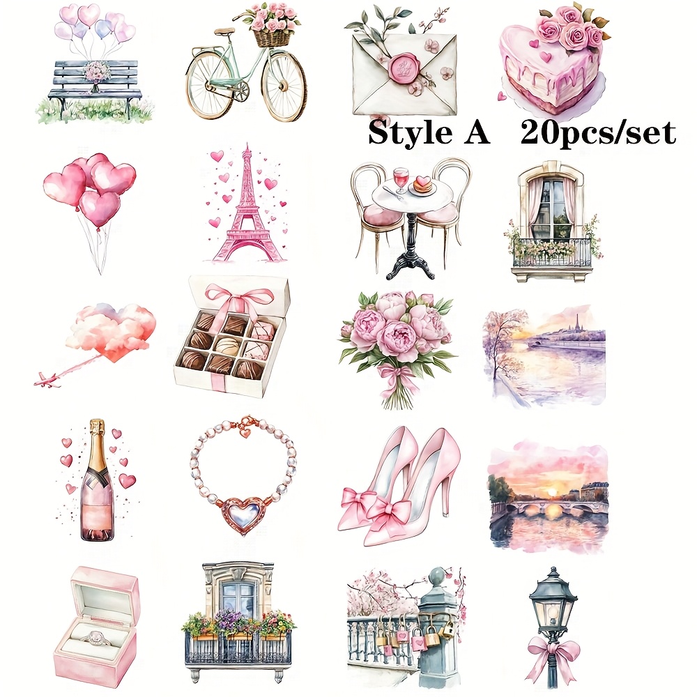 E-shop 20 Stk./Set Vintage Rosa Valentinstag Blumen Umschlag Schokolade Landschaft Material Handgefertigter Aufkleber Dekoration 2D Flach