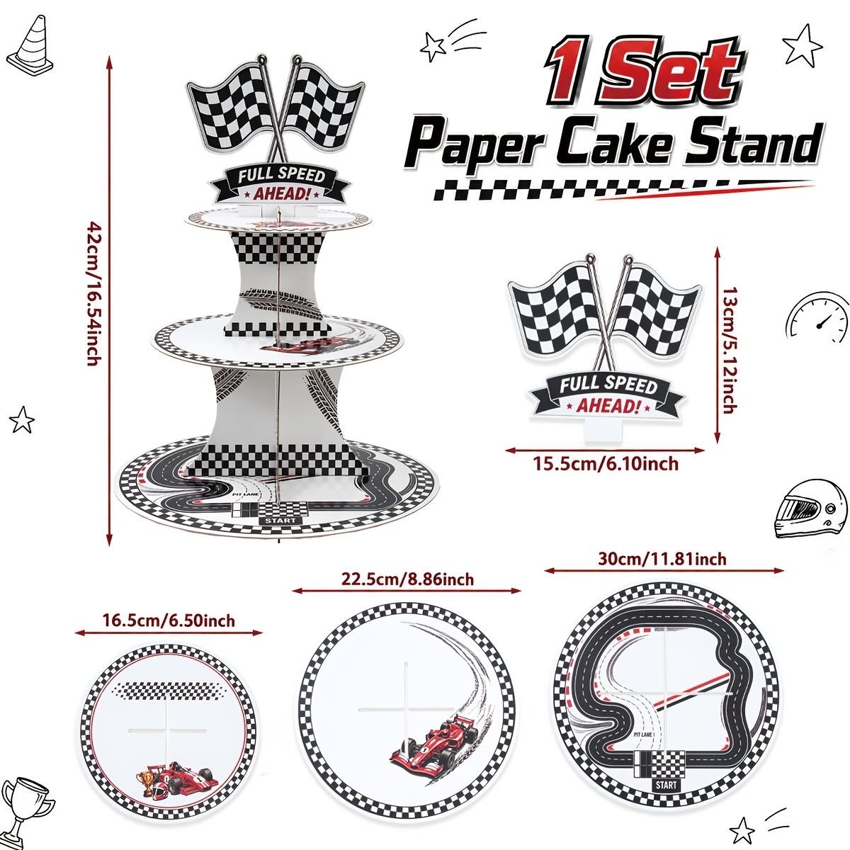 TEMU 1, Cupcake Stand, Racing Themed Paper Cupcake Stand, 3-tier Race Car Cardboard Cupcake Stand, Black White Checkered Flag Cupcake Holder, Racing