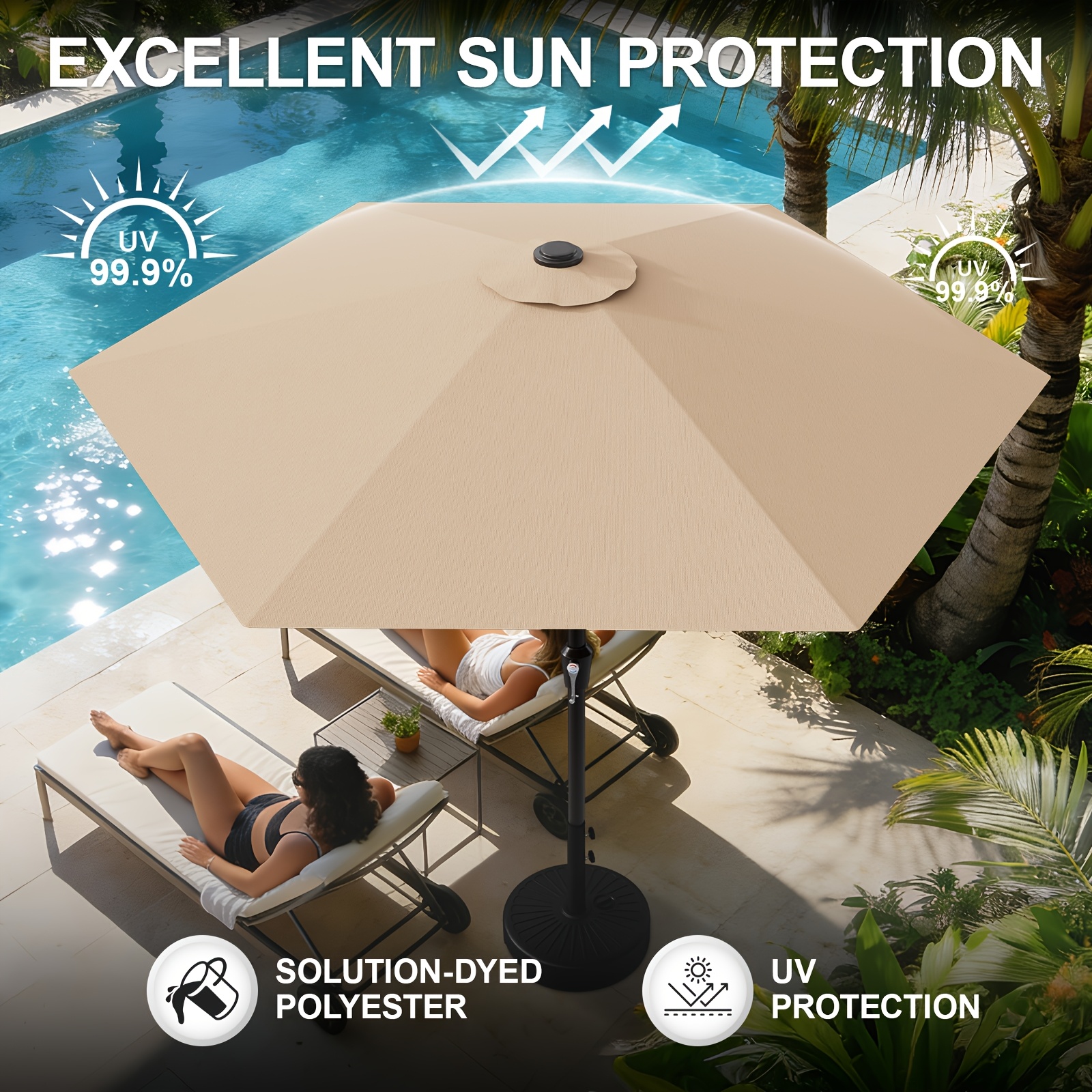 [Heavy Duty Patio Umbrella] 9ft Outdoor Umbrella, Heavy Duty Patio Umbrella with Crank, 6 Sturdy Ribs, UV Block for Market, Pool, Backyard, Garden (Base Sold Separately)