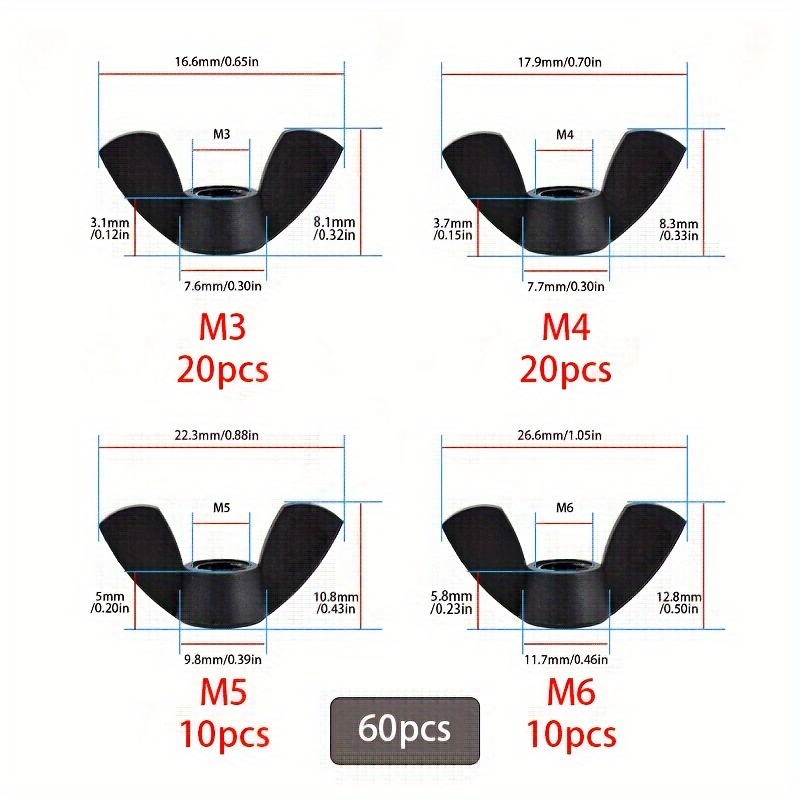 Image of 25/ 60pcs 7 Sizes Metric Nylon Nuts M3 M4 M5 M6 M8 M10 M12 Wing Nut Assortment Kit; Nut, Square Nut Fasteners (black)