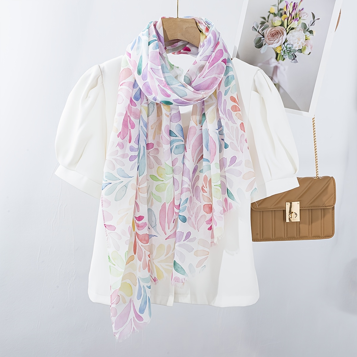 Image of Elegant Long Women's Scarf - Soft Polyester With Vibrant Pastel Print, Versatile Fashion Accessory For Casual Attire Or Special Occasions, Hand Wash Or