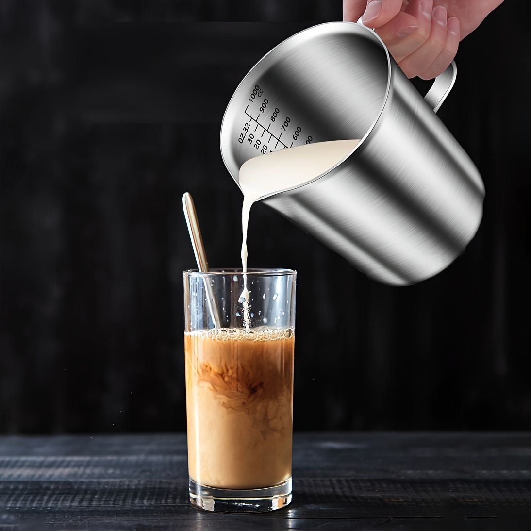 

Cuillère à mesurer en acier inoxydable avec poignée, 17/35/52/70 oz, Pitcher écrémeur de lait épais, Cuillère à écrémer pour machine à espresso, Sécurité au lave-vaisselle