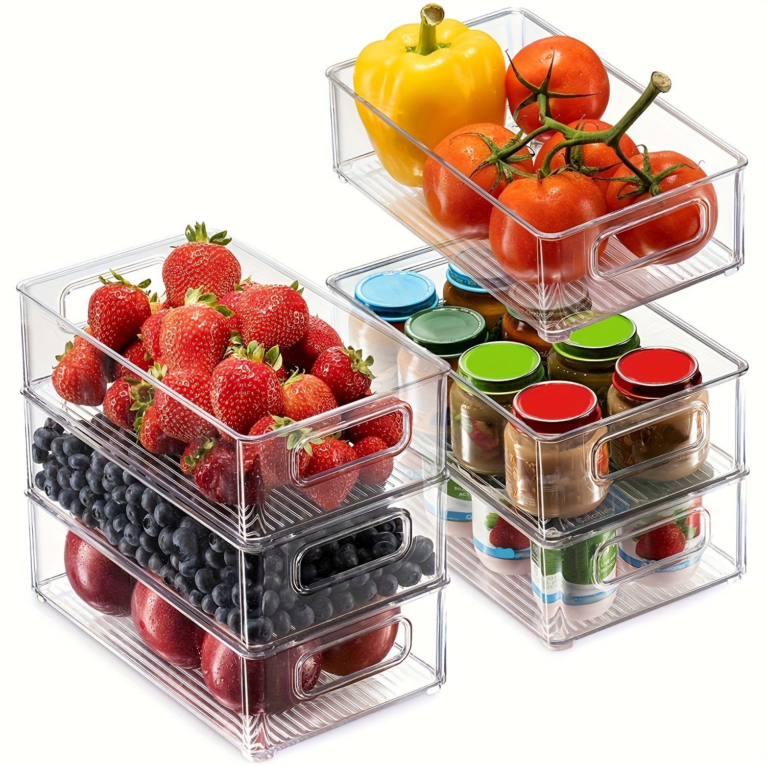 

Set Of 6 Refrigerator Organizer Bins - Stackable Fridge Organizers With Cutout Handles For Freezer, Kitchen, Countertops, Cabinets - Clear Plastic Pantry Food Storage Rack