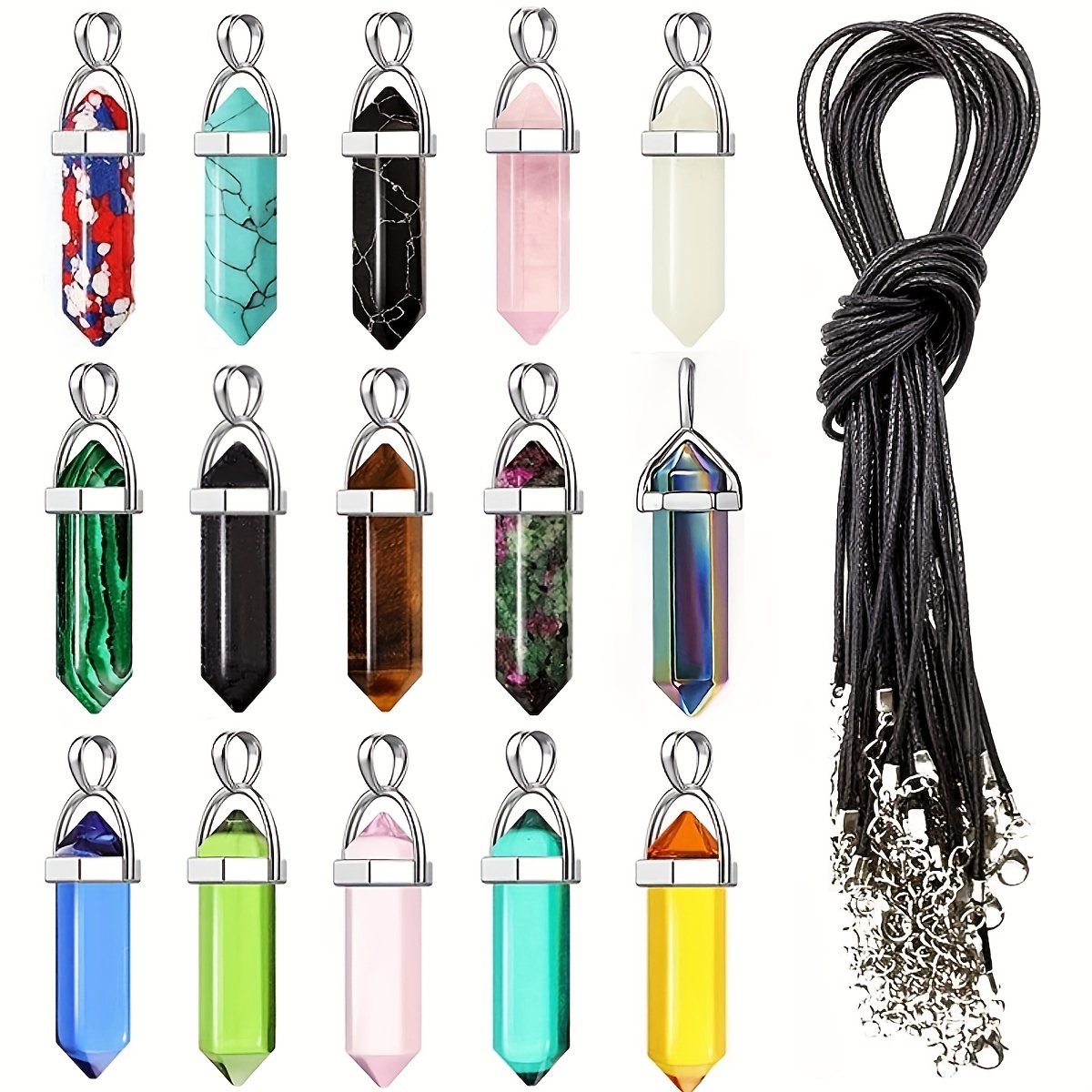 

30pcs/set Bullet-shaped Hexagonal Point Pendant Synthetic Crystal Pendant With Black Leather Necklace Chain Hexagonal Gemstone Quartz Pendant Charm Beads 15pcs Pendant + 15pcs )