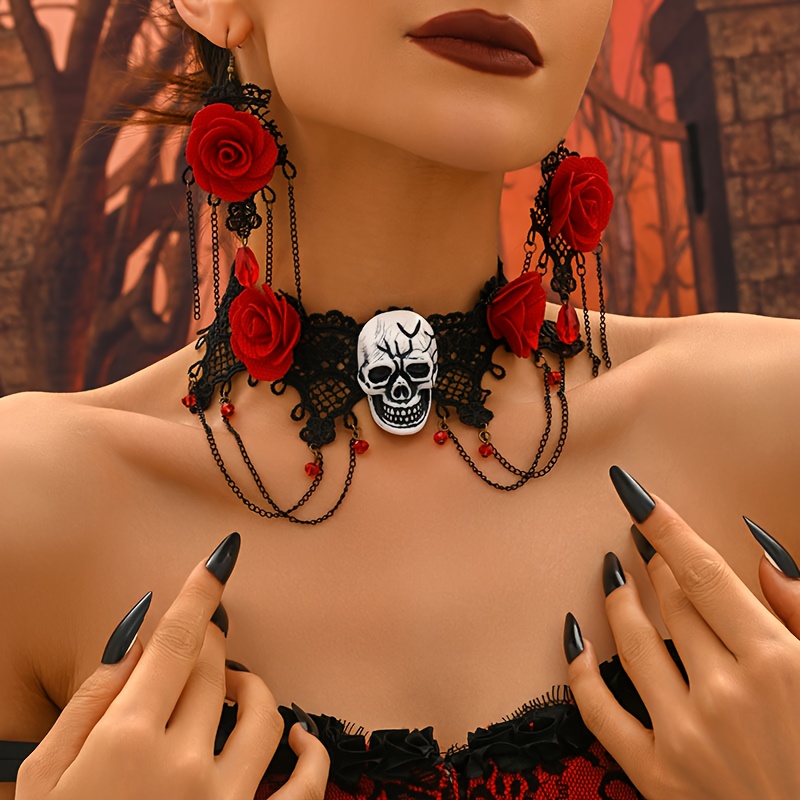 3pcs/set Personalized Halloween Floral Skull Head Earrings Necklace Set Women's Holiday