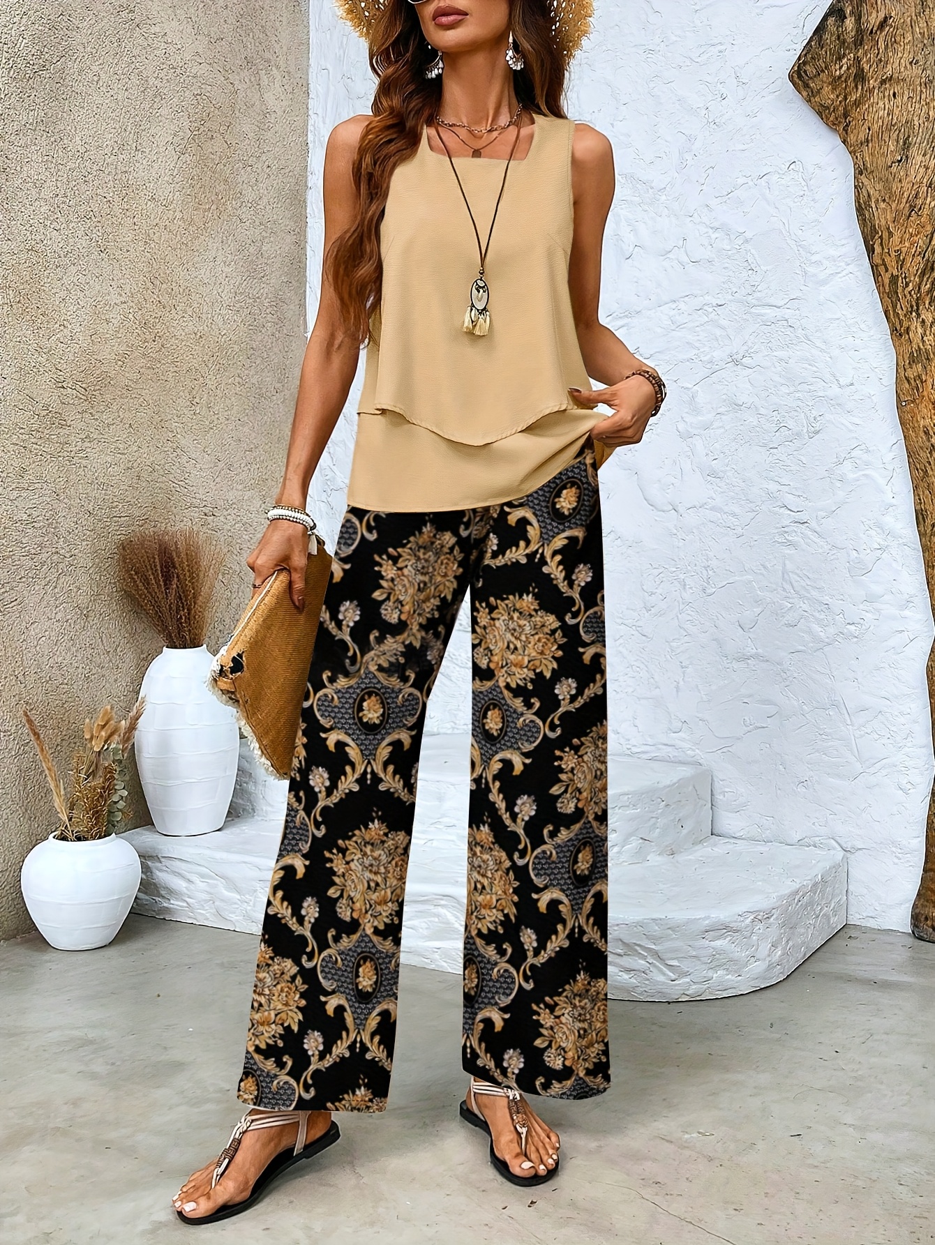 elegant womens square neck tank top wide leg pants set chic Temu
