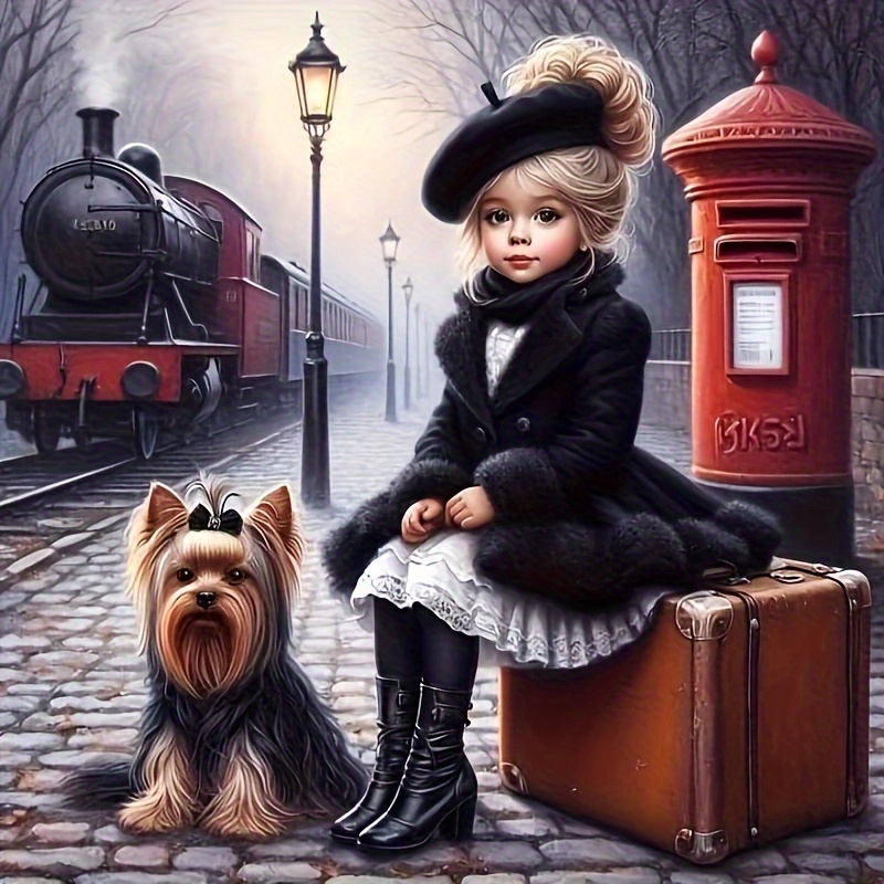 

Round Diamond Painting Kit - Vintage Train Station Scene With Girl And Dog, Easy Diy Craft, Relaxing Wall Decor & Unique Gift, 30x30cm Full Drill Canvas