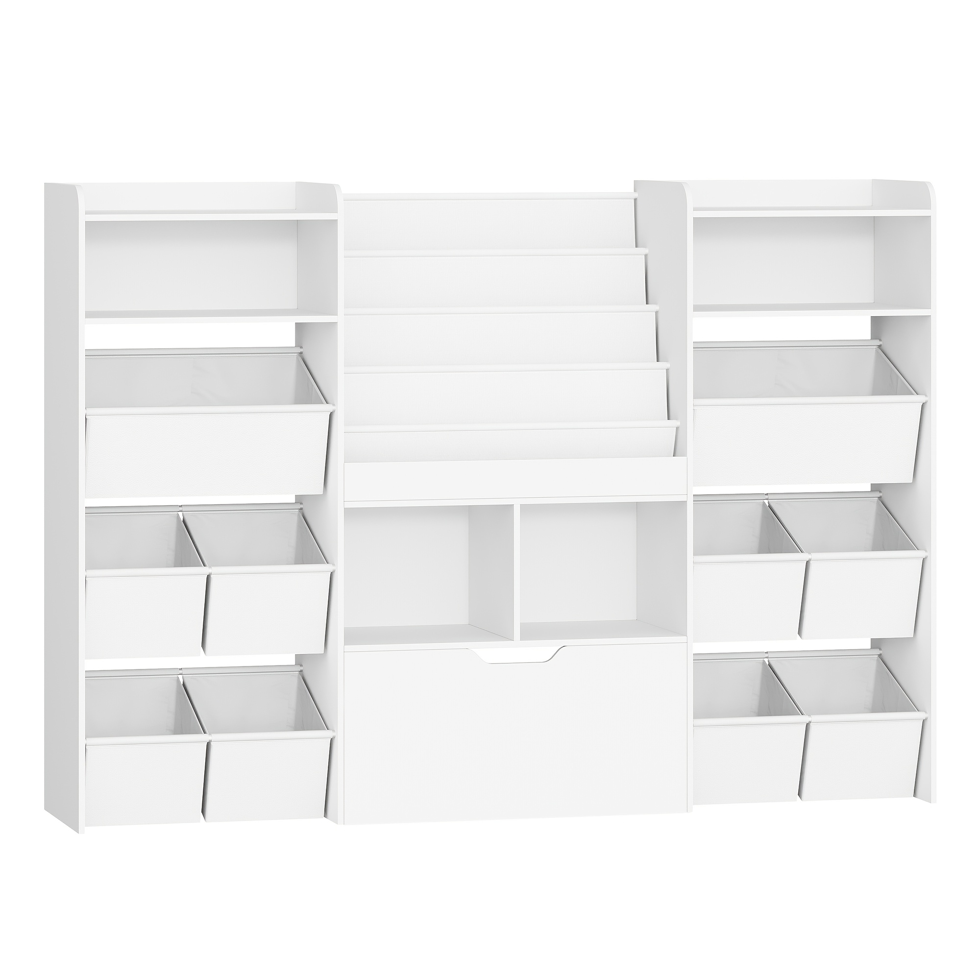 Children's Shelf With Newspaper Rack, Bookcase Children With Boxes On Wheels, Children With 10 Fabric Drawers, Shelf For Children's Room, Living Room, Bedroom, 30 X 140 X 100cm, White
