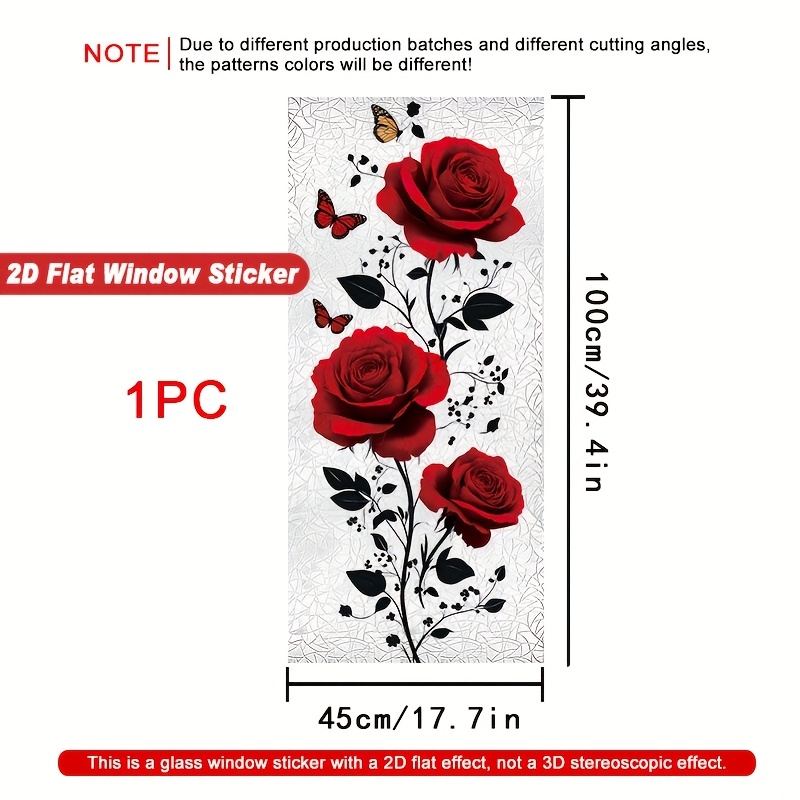 TEMU Autocollant de Fenêtre 2D Plat - 1 Pièce Roses Rouges Feuilles Noires Papillons - Film PVC Durable à Adsorption Électrostatique, Facile à