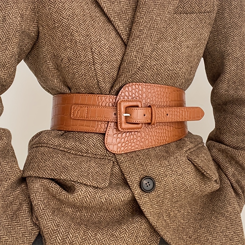 Vintage Elastic Belt Brown Crocodile Texture Square Buckle