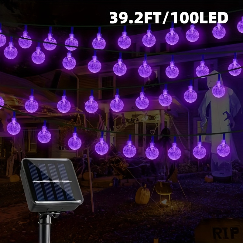TEMU 100 Led Solar String Lights - 39.69ft Crystal Ball Outdoor Lights, 8 , Waterproof, Purple Copper Hanging Decorations For Garden, Porch, Wedding And Halloween Party