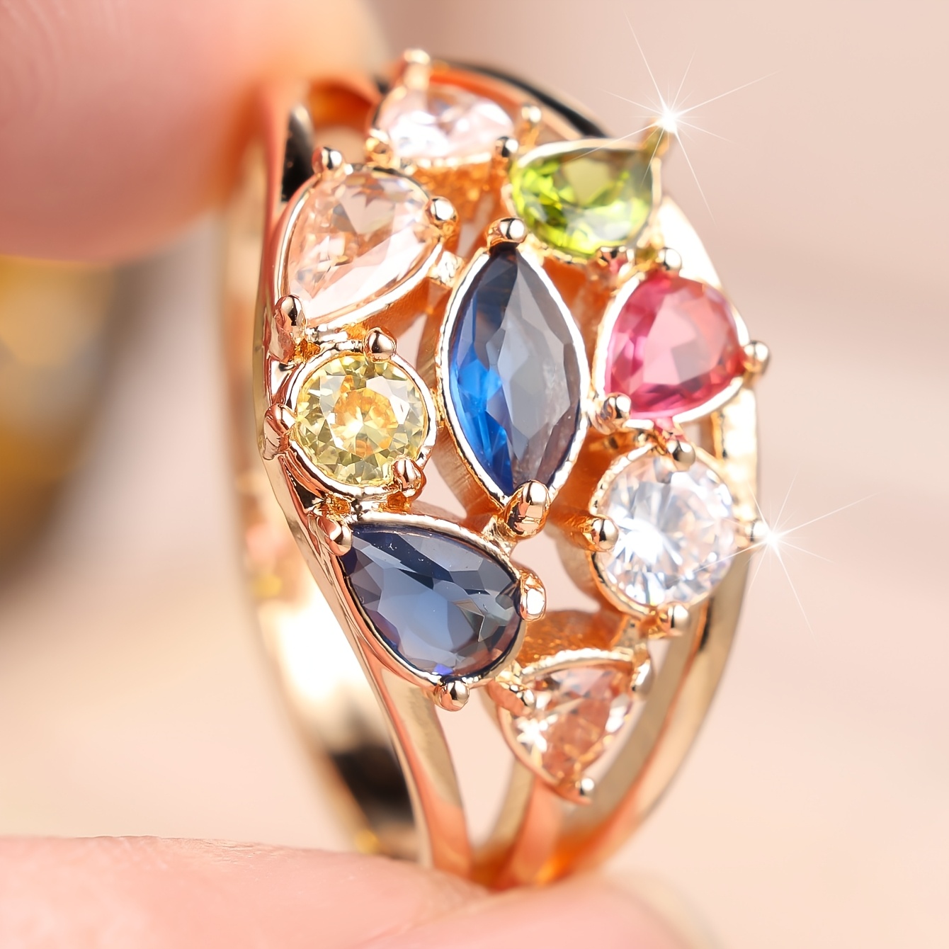 Unisex Colorful Synthetic Cubic Zirconia Inlaid Ring