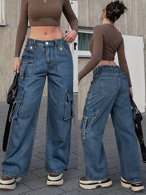 25aw workwear pocket elastic waist straight leg jeans urban casual denim pants loose multi street retro style womens jeans and apparel