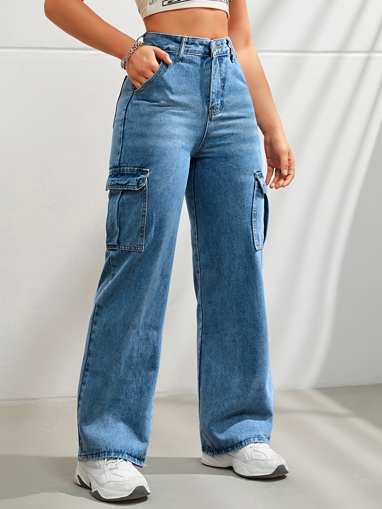 Womens Multi Pocket Cargo Pants Non Stretch Solid Color