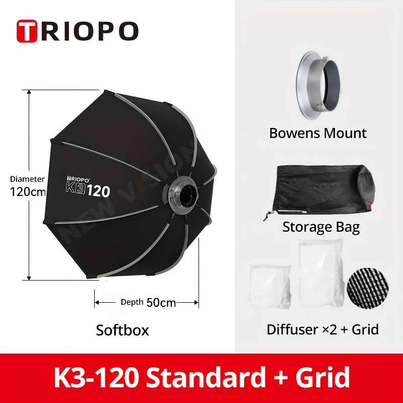 Triopo Octagonal Portable Softbox With Bowens Mount: Easy To Assemble With A Collapsible Design, Suitable For Bowens Continuous Lighting (k3-90/ 90 Cm/35.4in)(k3-120/ 120 Cm/47.2 Inches)