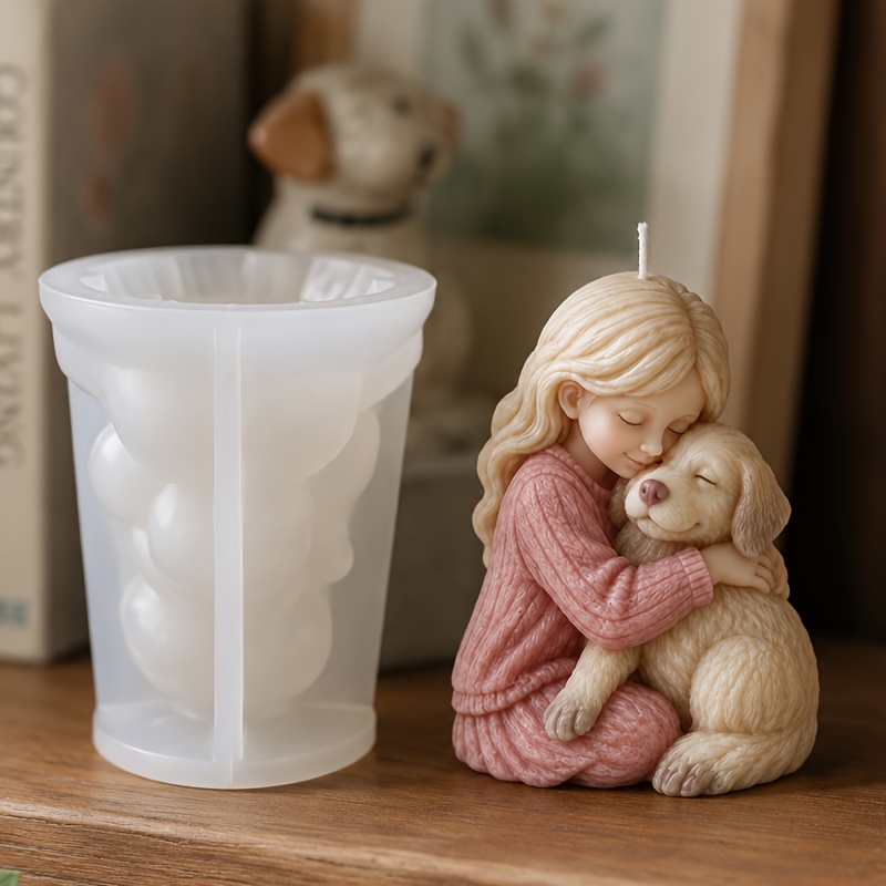 TEMU Molde CNQNC 3D de niña abrazando a un perro, para hacer velas y manualidades con resina, molde de silicona para arcilla, cera de soja y yeso,