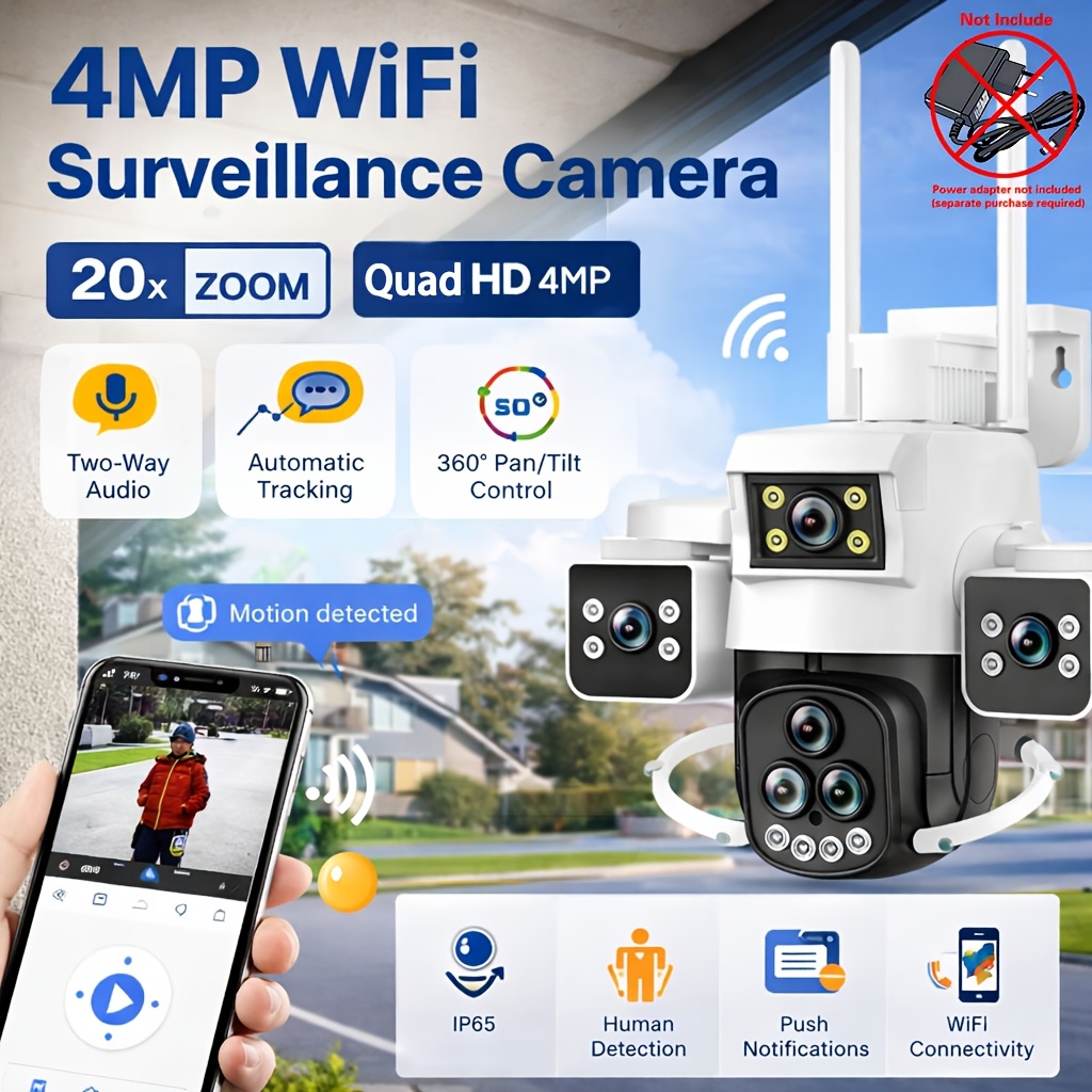 20x Zoom 4MP WiFi Security Camera, White, Full HD WiFi Security Camera, 5 Lenses, Two-Way Audio, Outdoor IP66, Auto Tracking, Human Detection, Push Notifications, 360° Pan-Tilt Control, Video Monitoring, Suitable for Home, Office, and Outdoor Use
