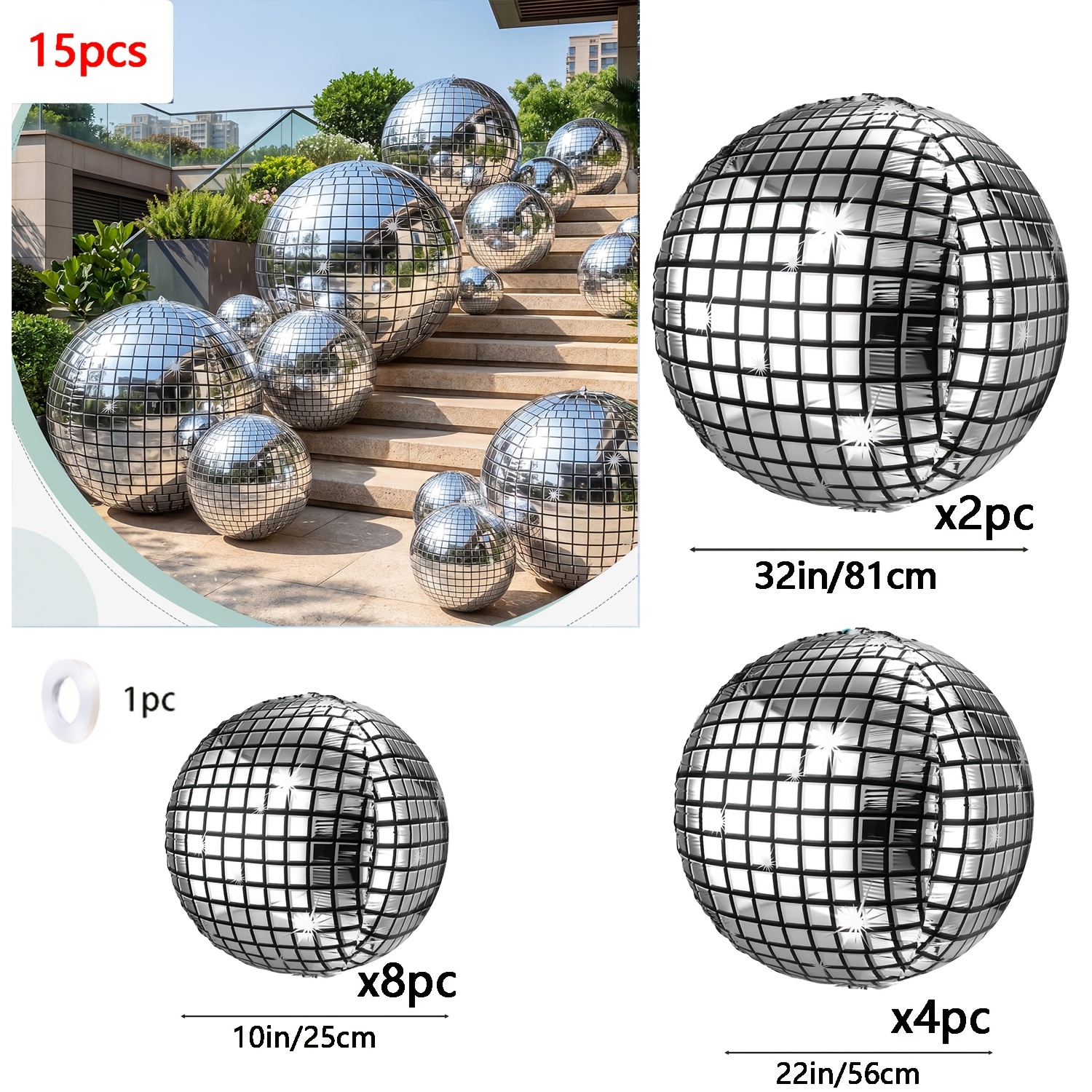TEMU 15-piece 10in/22in/32in Silvery Disco Ball 4d Foil Balloons, Metallic Mirror Disco Balloon Set, 70s To Party Decorations, Christmas Winter Snow