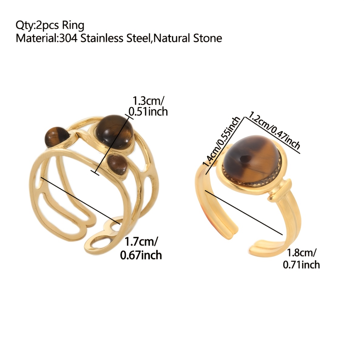 TEMU 2er-Set Fashion Boho 304 Edelstahl Ring für Teenager, neue trendige Tigeraug-, verstellbare offene goldene Ringe, Vintage Statement, , Party,