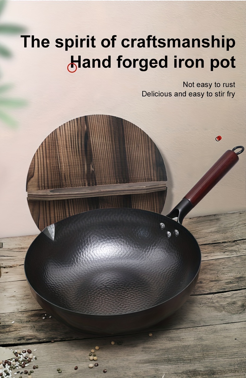 traditional   iron wok   pan with wooden lid 32cm 12 6in non coated non stick hand wash   iron handle compatible with   non induction cooktops details 9