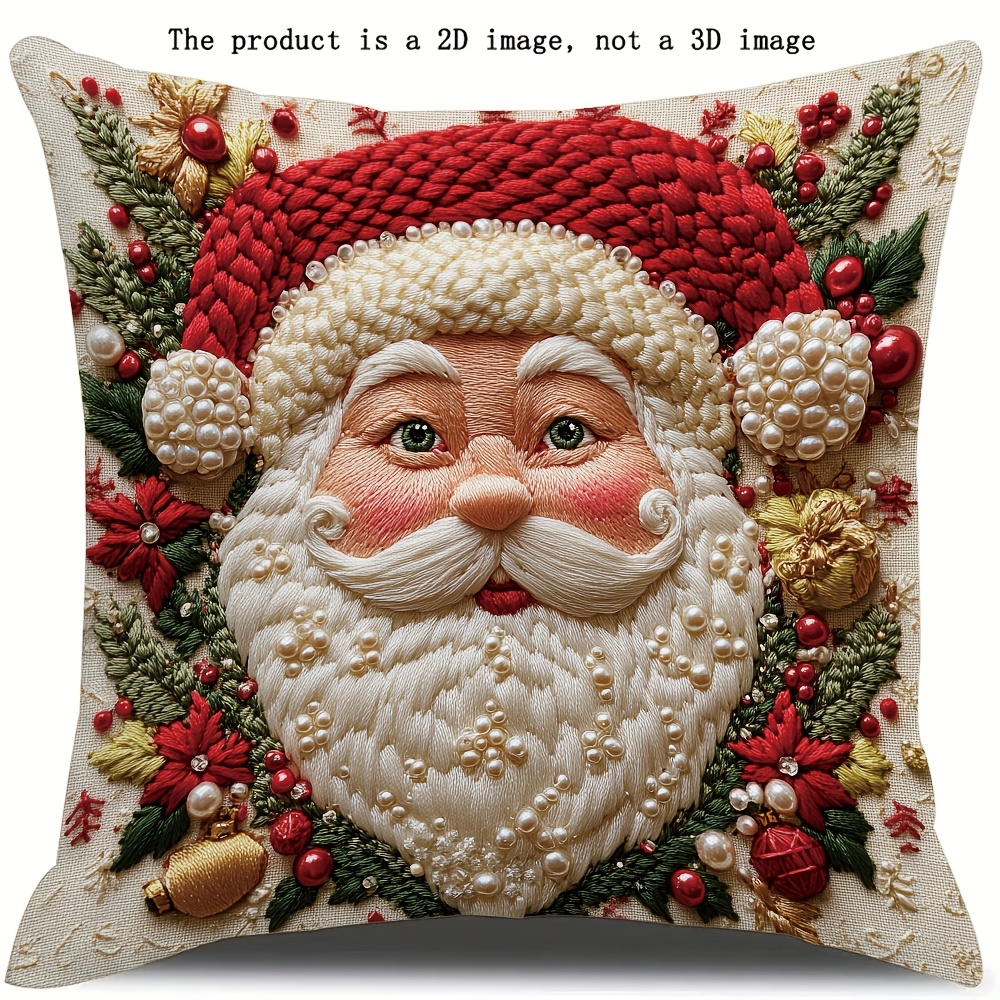 

1pc Christmas Santa Claus Embroidered Throw Pillow Cover, Contemporary Style, Machine Washable, Zipper Closure, Woven Polyester, Decorative For Room Types - Pillow Insert Not Included