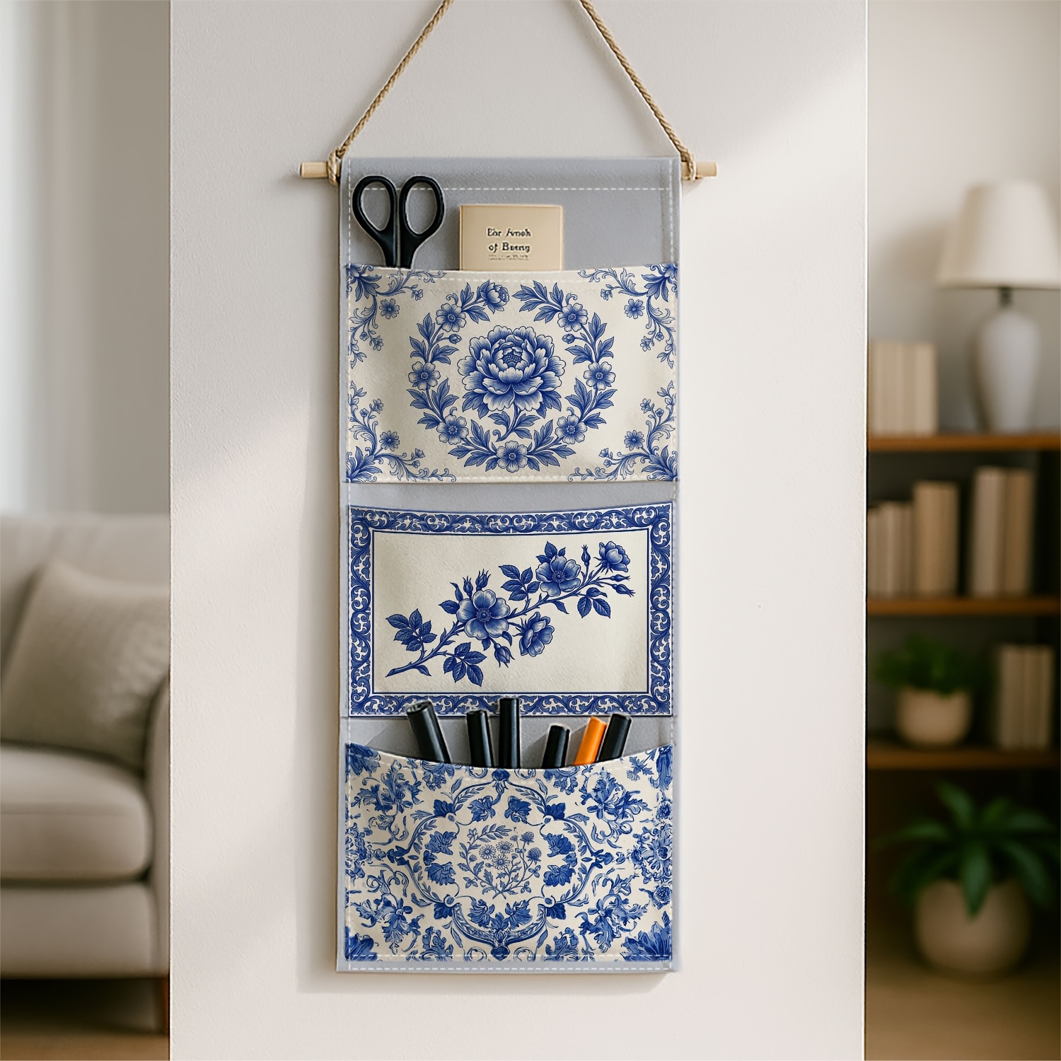 TEMU 1pc Blue Porcelain Floral Wall-mounted Storage Organizer - Multi-tier Hanging Shelf Unit With Space- Door/wall Cabinet Suitable For Living Room,
