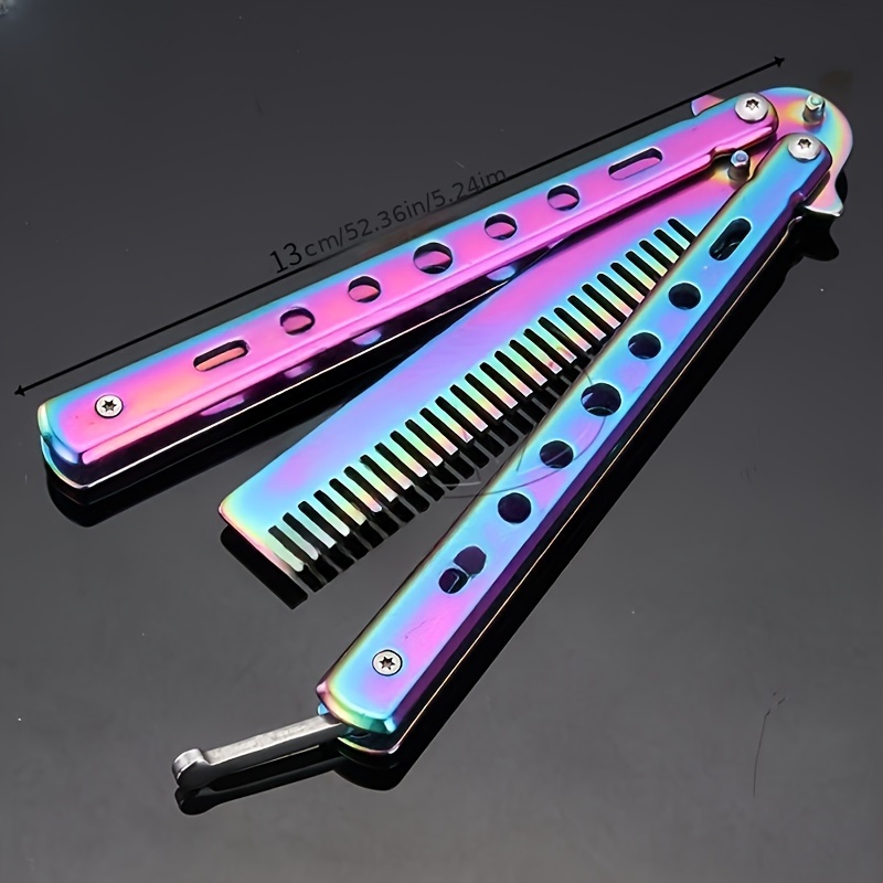 

1pc Professional Metal Handle Butterfly Knife Comb, Stainless Steel Finishing Comb For Normal Hair - Folding Training Hair Styling Tool