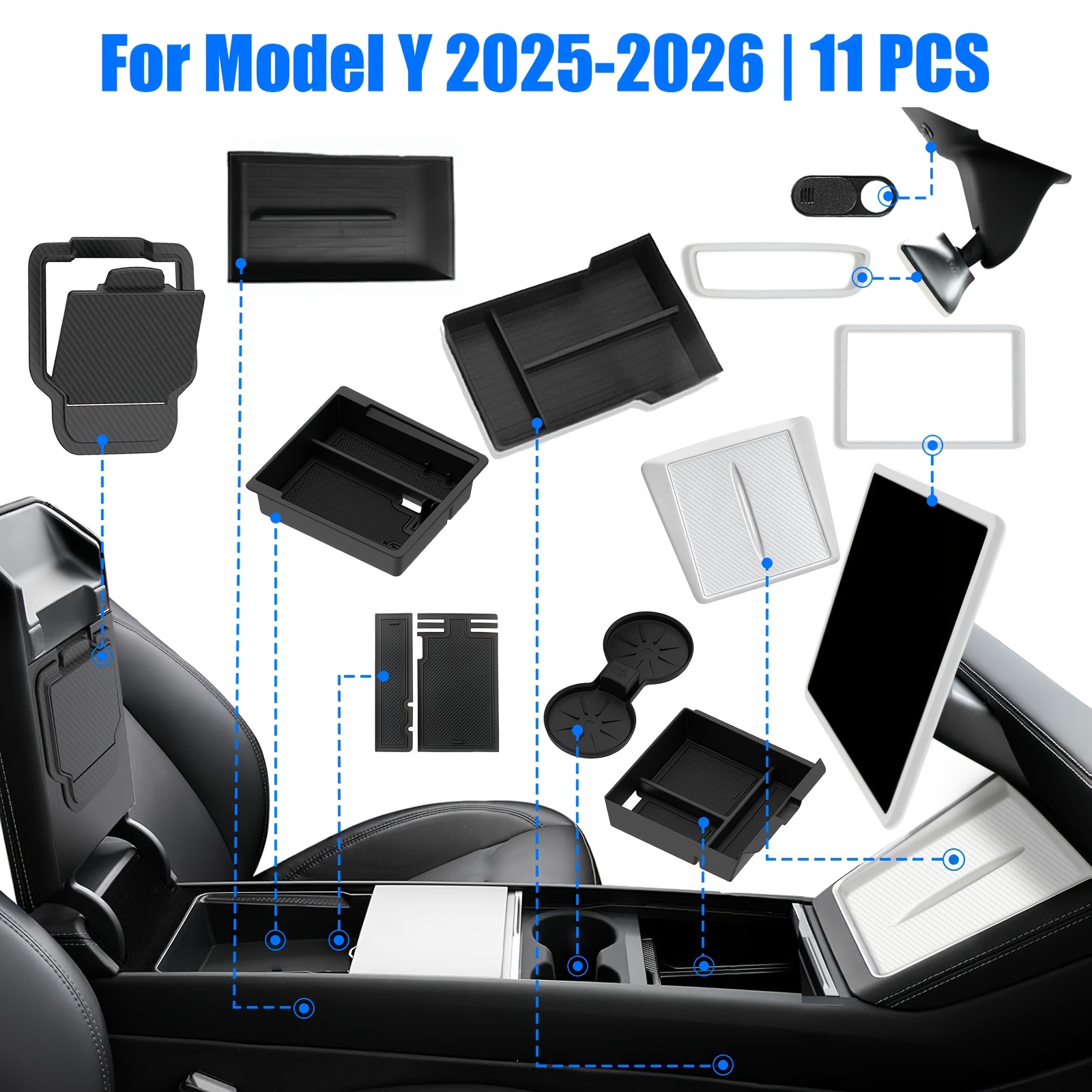 item picture tame your new     11 in 1 center console organizer kit interior upgrade for 2025 2026 for tesla     drawer tray cup holder liners white anti slip mat screen protector 11pcs