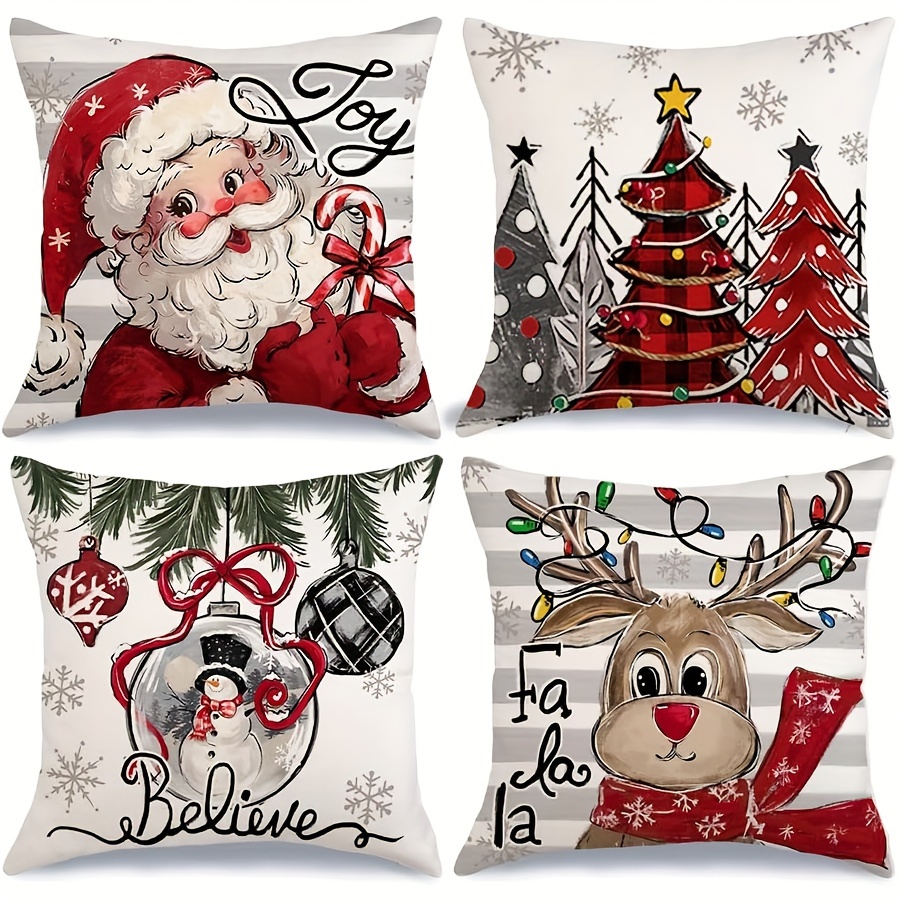 

4-pack Christmas Throw Pillow Covers, Cushion Cases With Trees, Balls, Santa, Reindeer, Joy, Snowflakes, Farmhouse Decor For Home, Machine Washable, Zipper Closure, For Multiple Room Decor