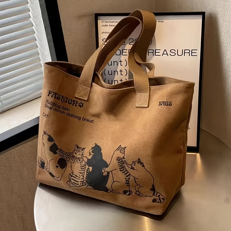 TEMU Print Tote Bag - Spacious Shoulder Handbag For Commute, Durable Zip Closure, Khaki/