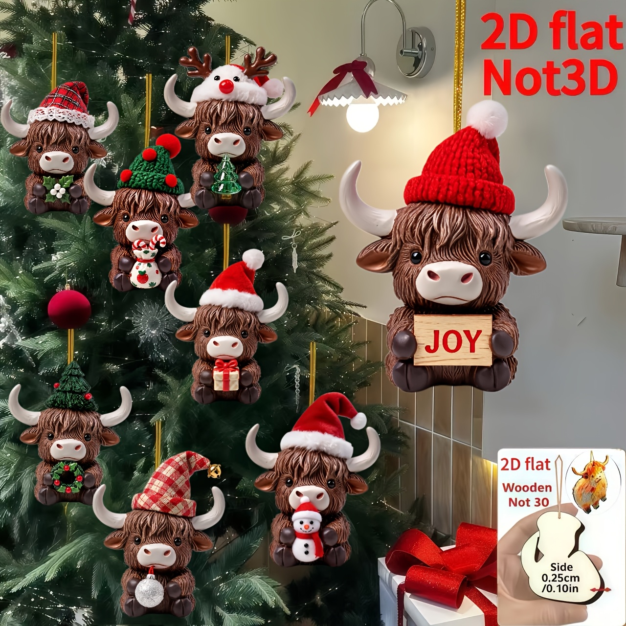 TEMU 2d Flat, 8pcs Set, 2d Embossed Wooden Home Hanging Ornaments, Christmas, , Father's Day, Cow Holding A Christmas Gift Pattern, Holiday Pendants,