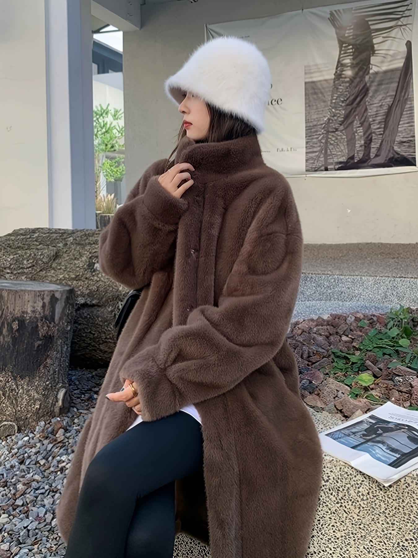 manteau long en fausse fourrure à manches longues ouverture Temu