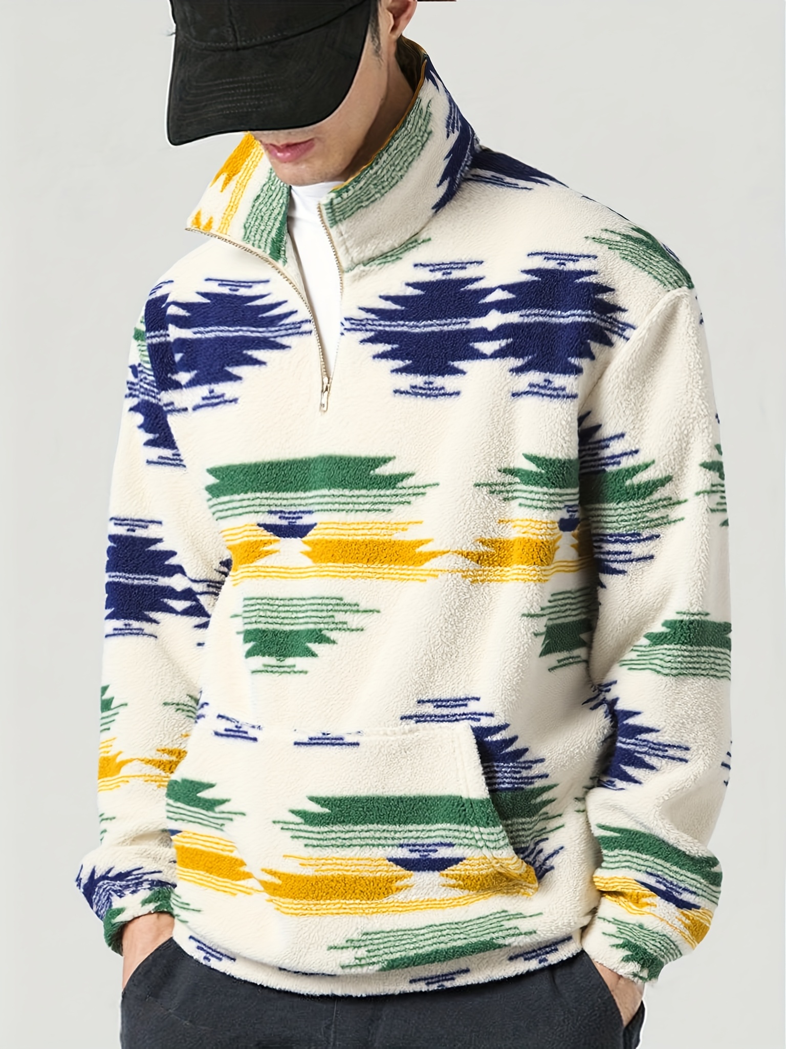 Sudadera de felpa cálida con media cremallera y cuello alto hasta medio, para hombre, otoño invierno