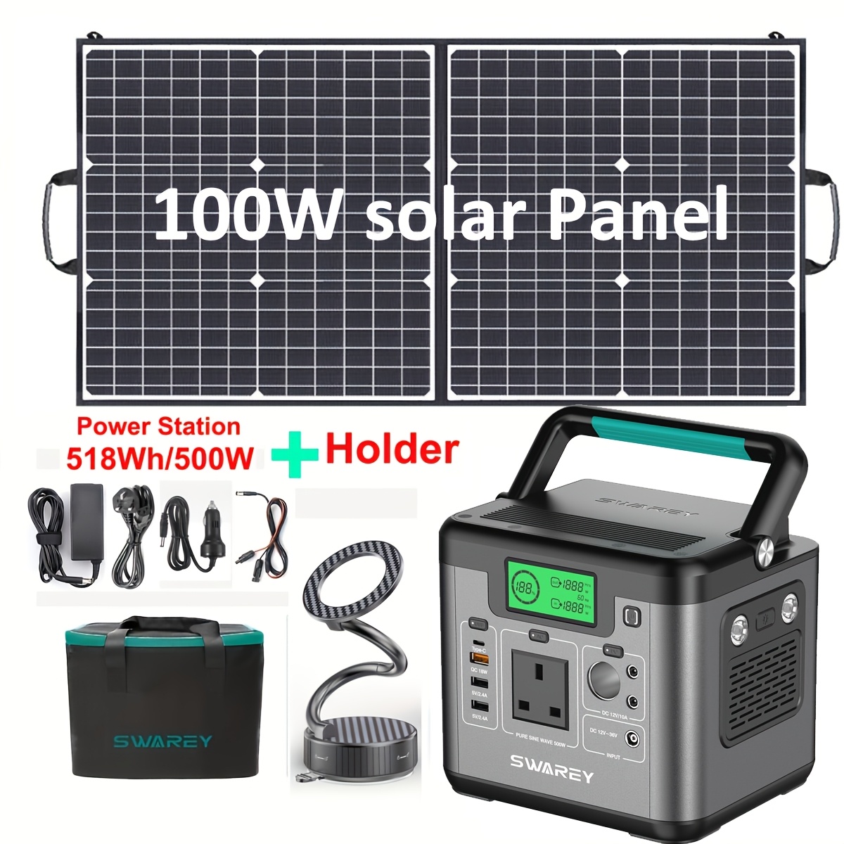 TEMU Swarey Solar Generator Pro With 100w Solar Panel, 518wh Portable Power Station, 500 Power Supply With Lcd Display For Holidays At The Campsite