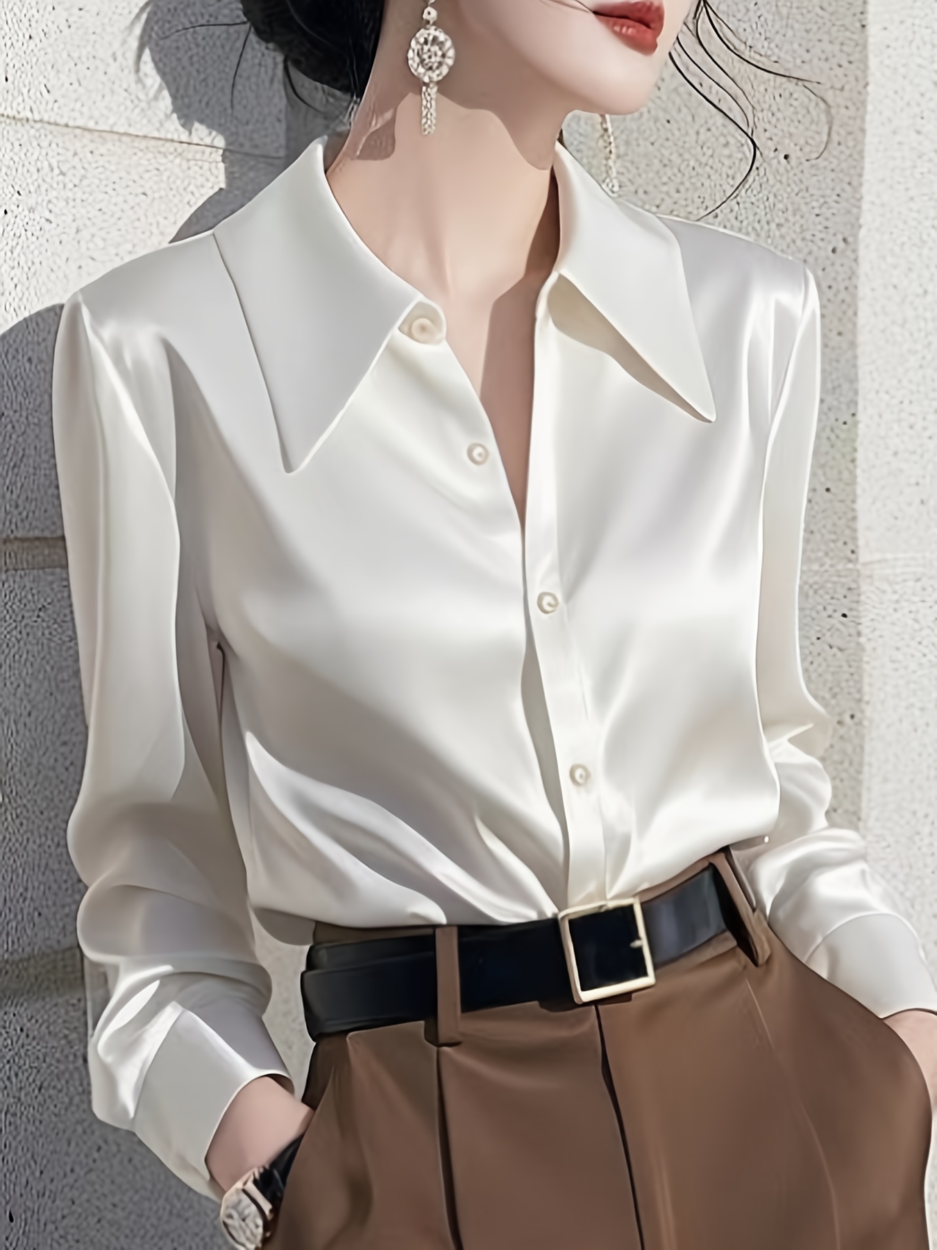 Camisa de Manga Larga Casual y Cómoda para Mujer, Ideal para Oficina en Primavera/Otoño