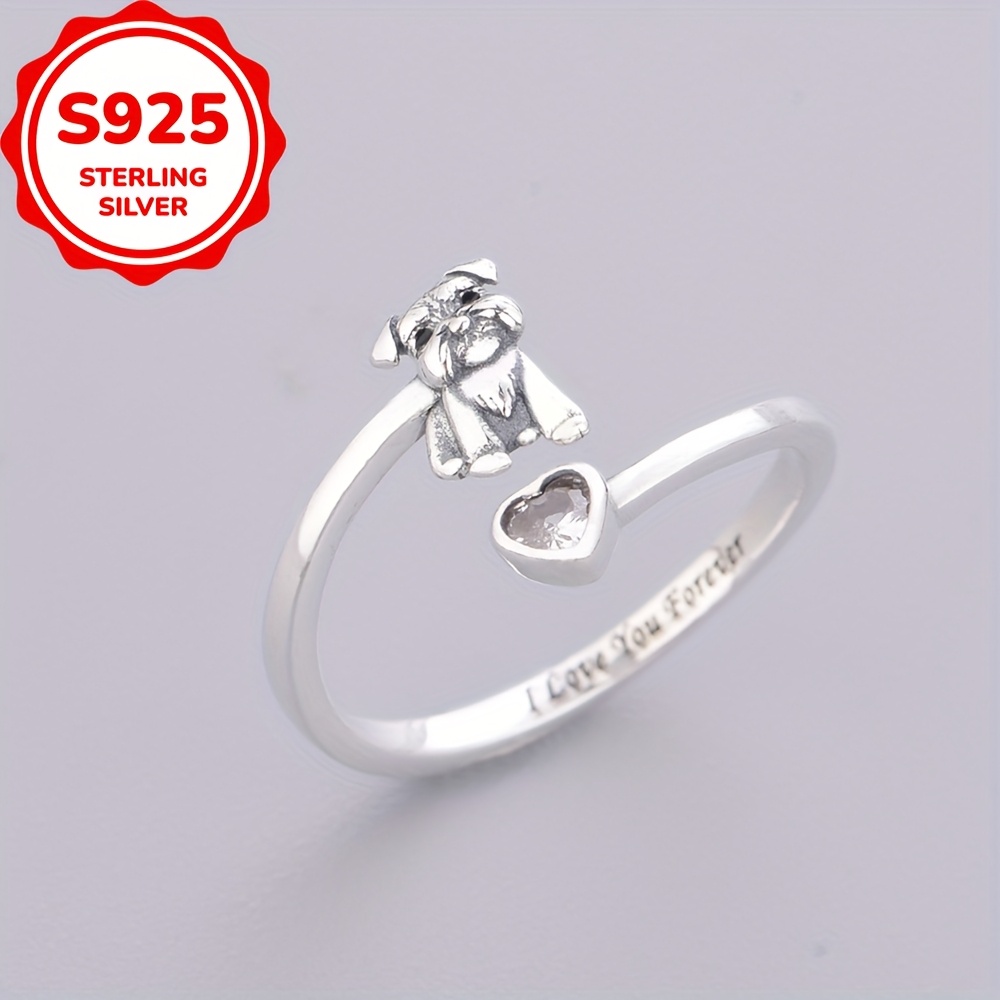 925 Sterling Silver Snowy Dog Pattern Charm Ring — Gift for Dog Lovers