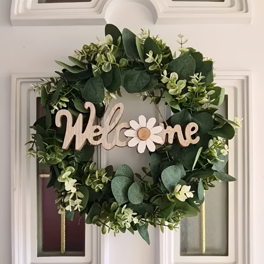 

1pc, Elegant "welcome" Wreath With Realistic Artificial Green Eucalyptus Leaves - Ideal For Home & Garden Decor | Easter, 's Day, Spring & | Plastic, Outdoor-ready, Outdoor Decorations