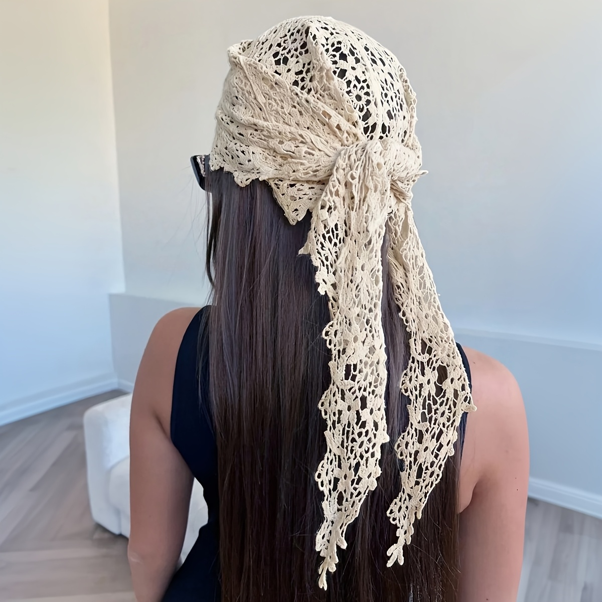 1pc Women's Hollow Crochet Triangle Hair Scarf, Retro Lace Headband Bandana, Lightweight Boho Head Cover For Street Photo
