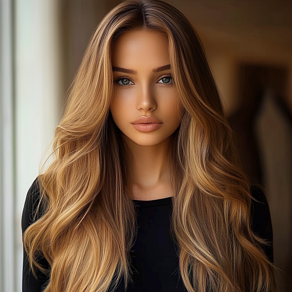 TEMU Luxurious Wavy Wig With Ombre Brown Tones And Flattering Bangs - -resistant Synthetic Hair For Versatile Daily & Party Looks