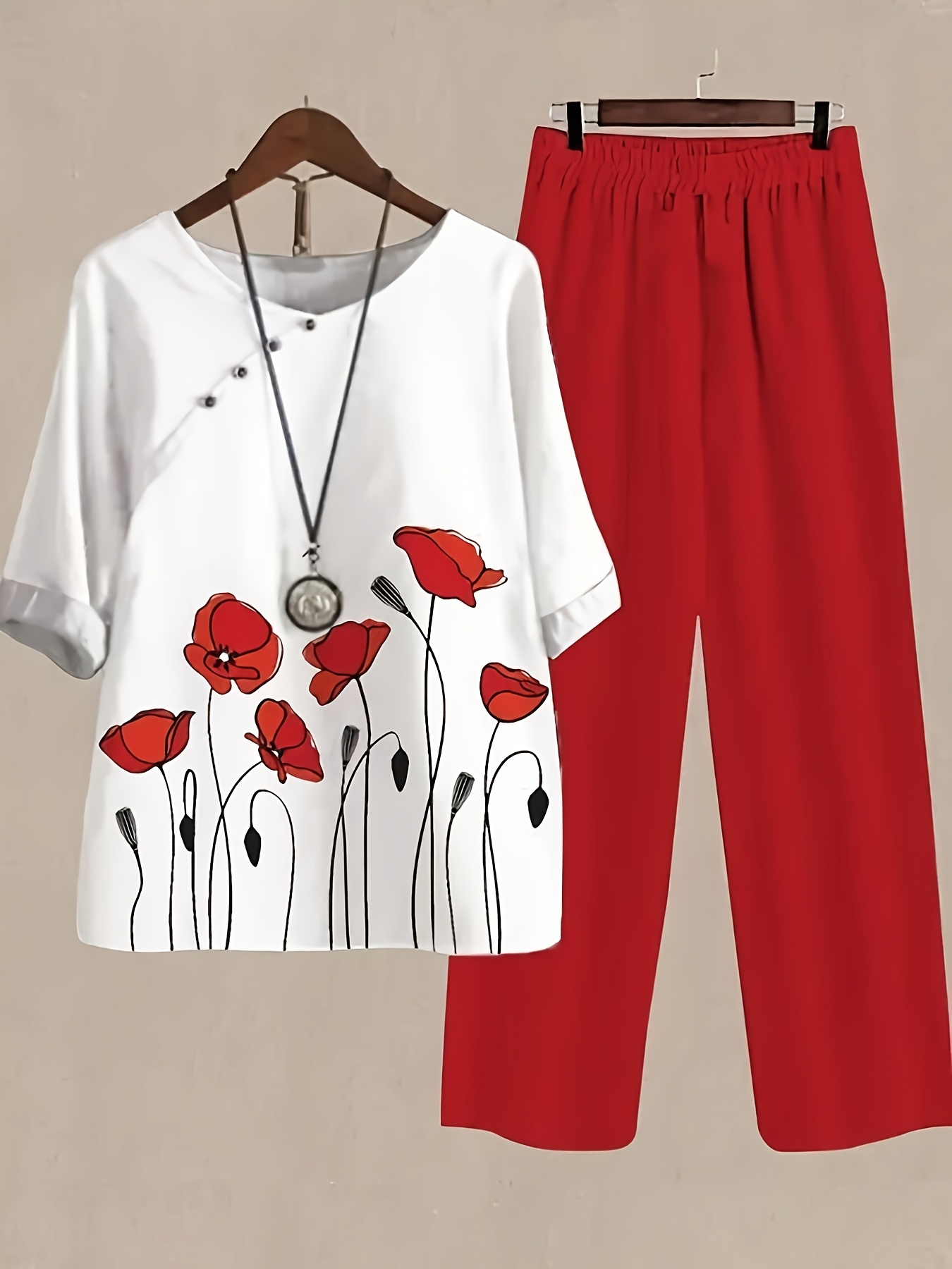 damens casual blumenmuster rundhals-top und hose set –   für frühling/sommer, elegantes blumendesign outfit