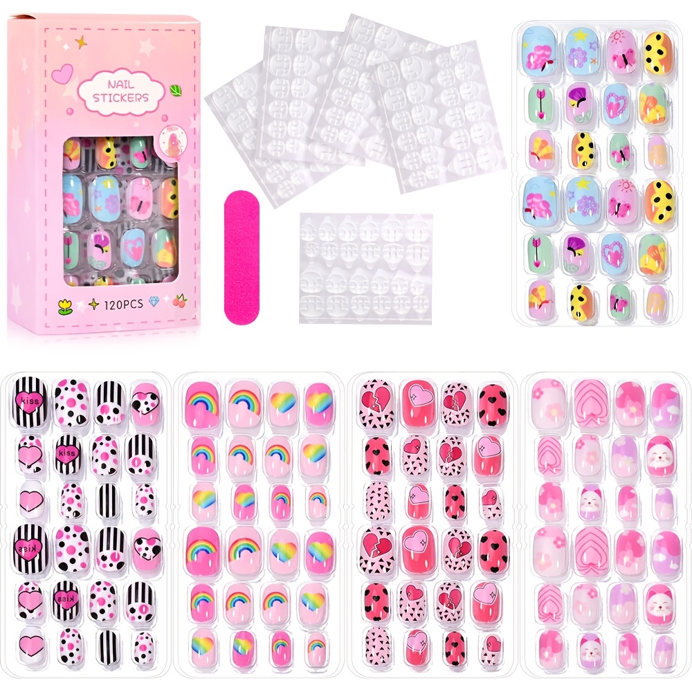120pcs/box Cute Pink/purple/ Heart Rainbow Cat Pattern Press On Nail Tips Nail Art Decoration Fake Nails