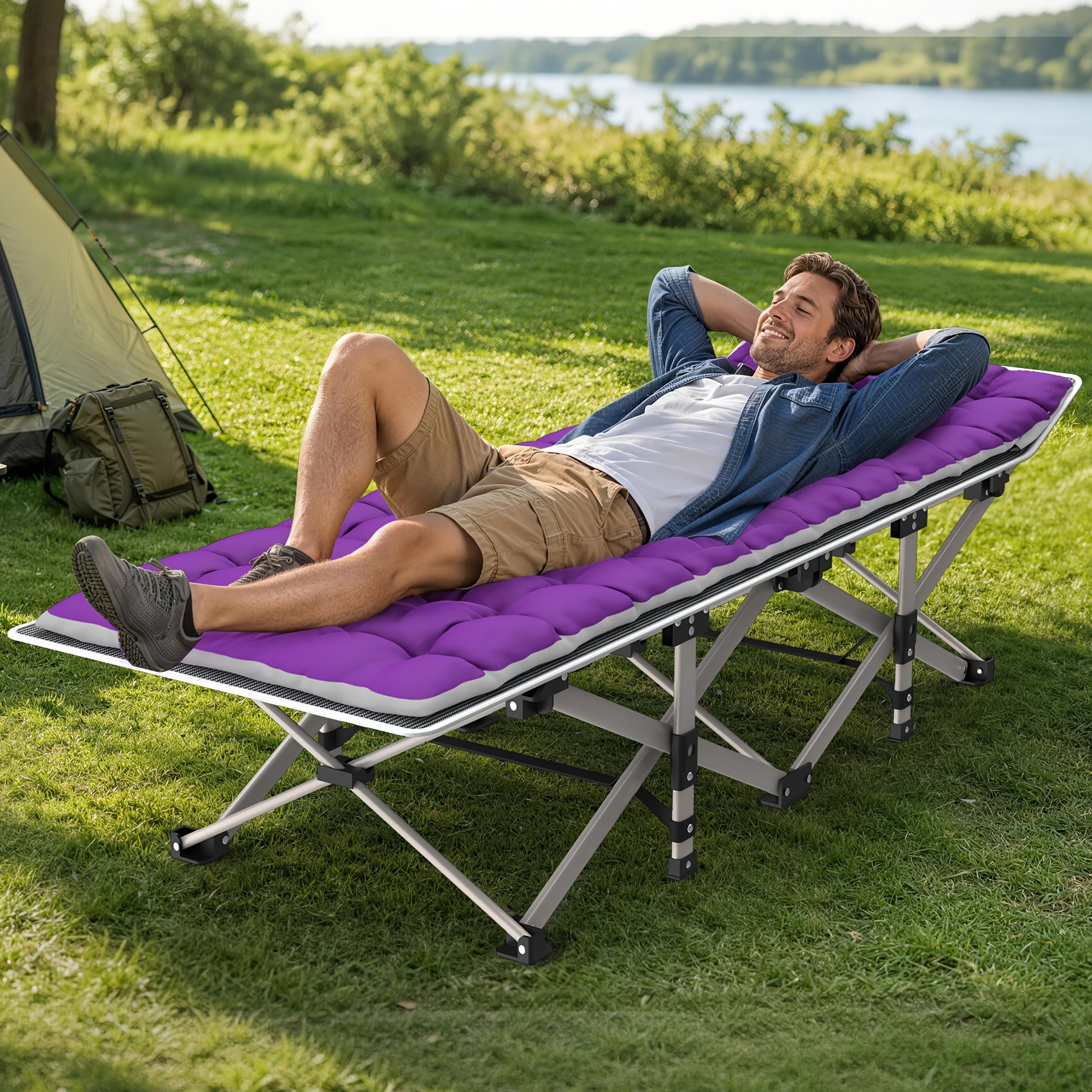 Folding Camping Cot Bed for Adults – Heavy Duty Portable Outdoor Sleeping Cot with 1200D Double Layer Oxford Fabric, Soft Pad & Carry Bag for Camping, Patio, Lawn & Travel — Zaynora Luxury Marketplace