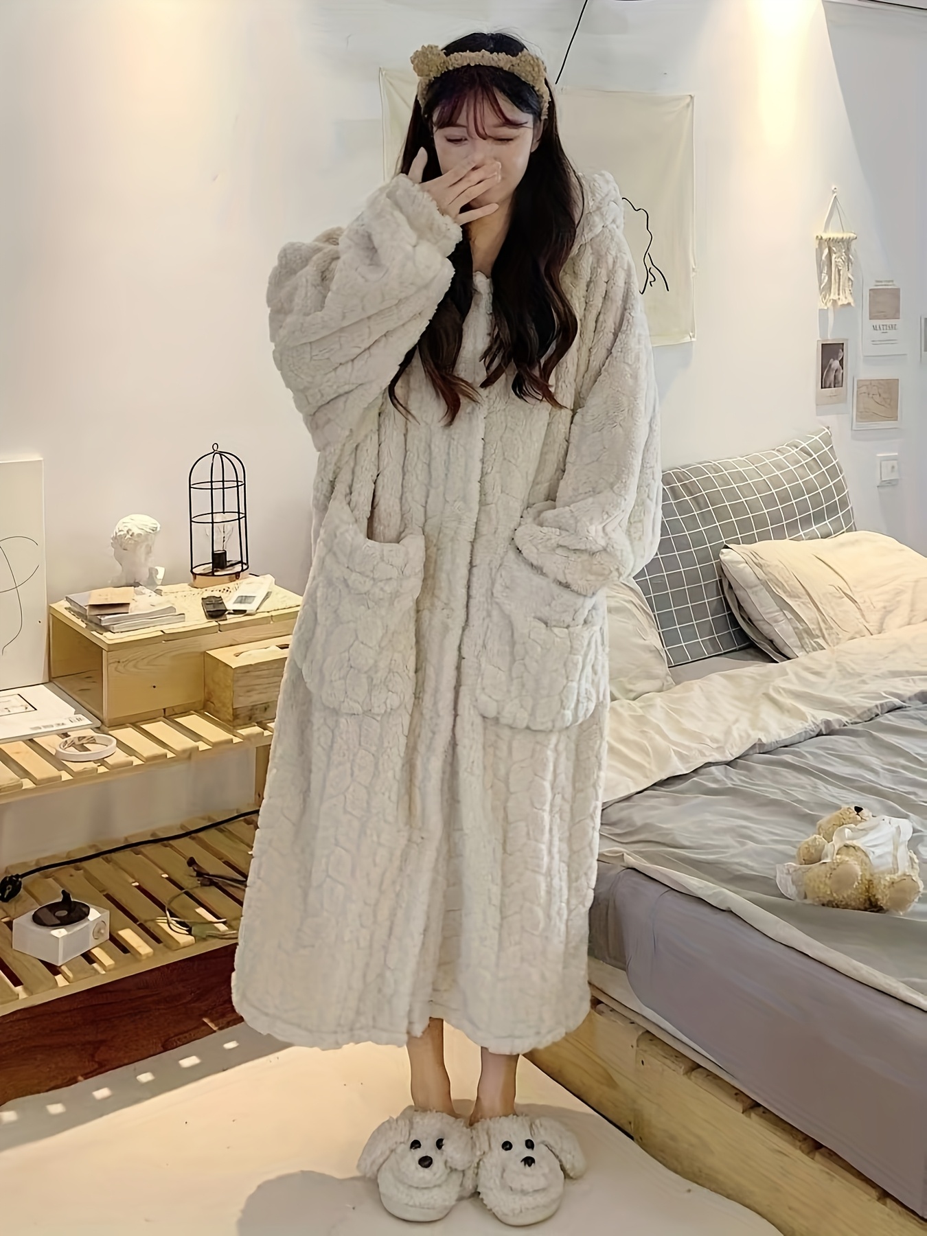 Coral Fleece Button Front Dressing Gown Ladies Elegant Coral Fleece Hooded  Robe Women Cozy Warm Button Temu Germany